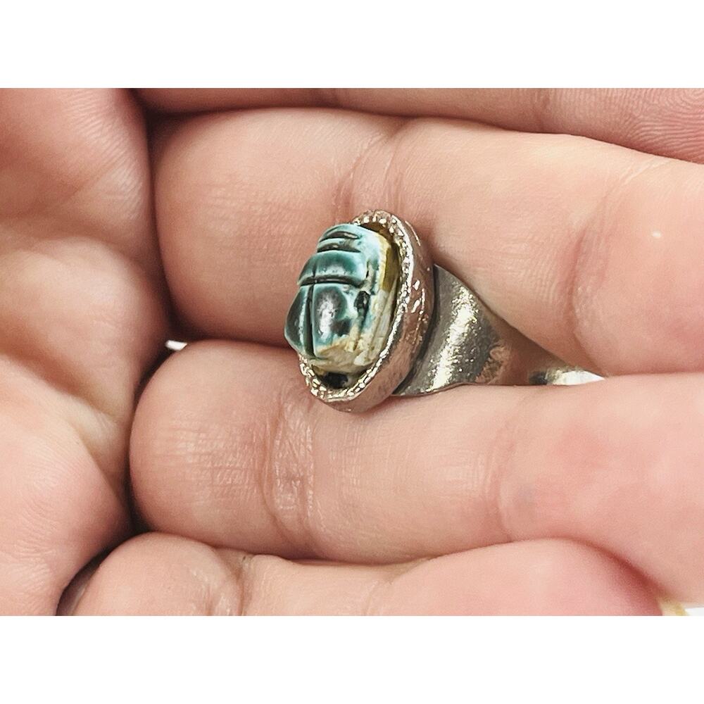 Scarab Silver Ring Egyptian Revival Estate Jewelry Blue Adjustable Bead Ethnic - Picture 11 of 13